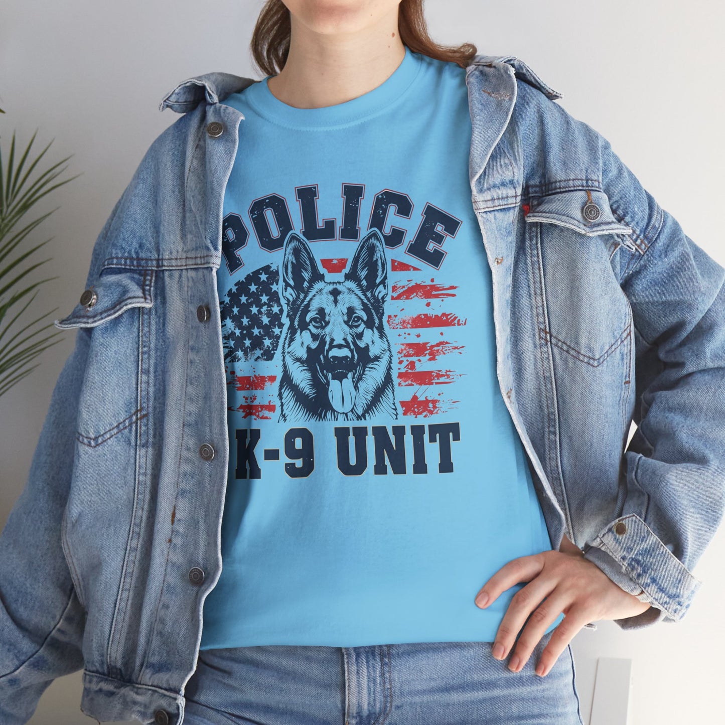 Patriotic Police K-9 Unit T-Shirt With American Flag in Background, Unisex Heavy Cotton Tee