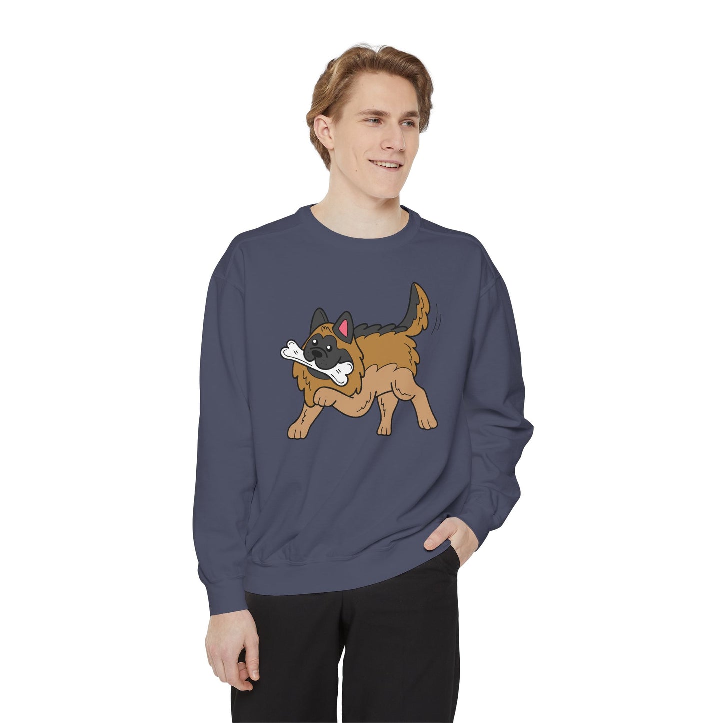 Unisex Dog Lover Sweatshirt With a Graphic of a German Shepherd Holding a White Bone in Mouth