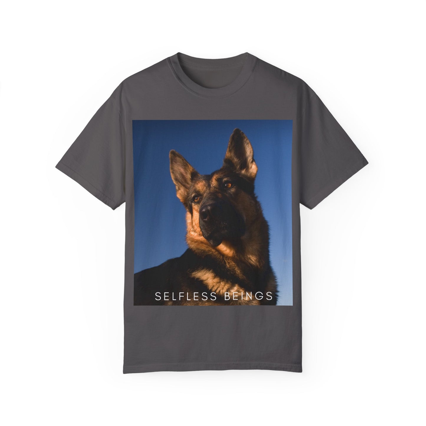 Unisex Dog Lover T-shirt With Close Up Portrait of Giant German Shepherd Turning His Head and Caption Selfless Beings