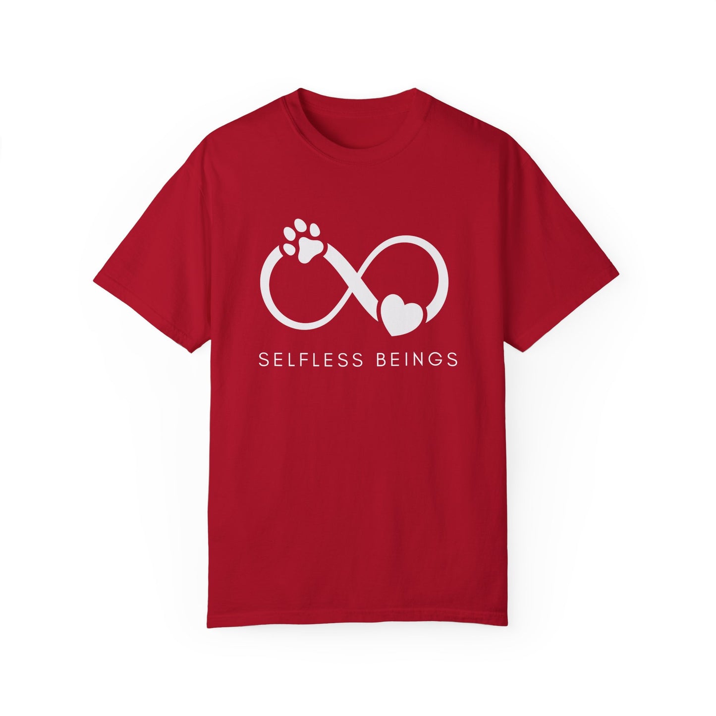 Unisex Dog Lover T-Shirt With Paw Print and Heart on Infinity Symbol and Caption Selfless Beings Below