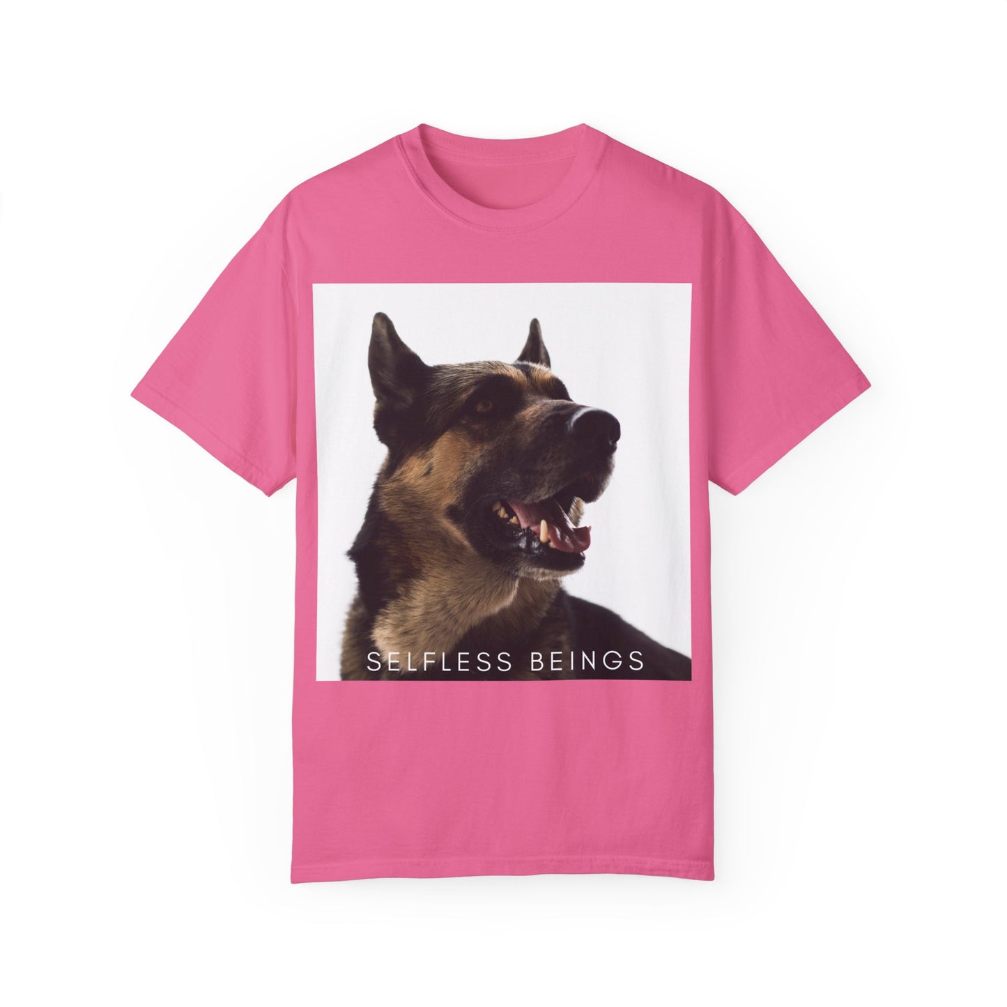 Unisex Dog Lover T-Shirt With Close Up of Large German Shepherd Turning His Face and Caption Selfless Beings