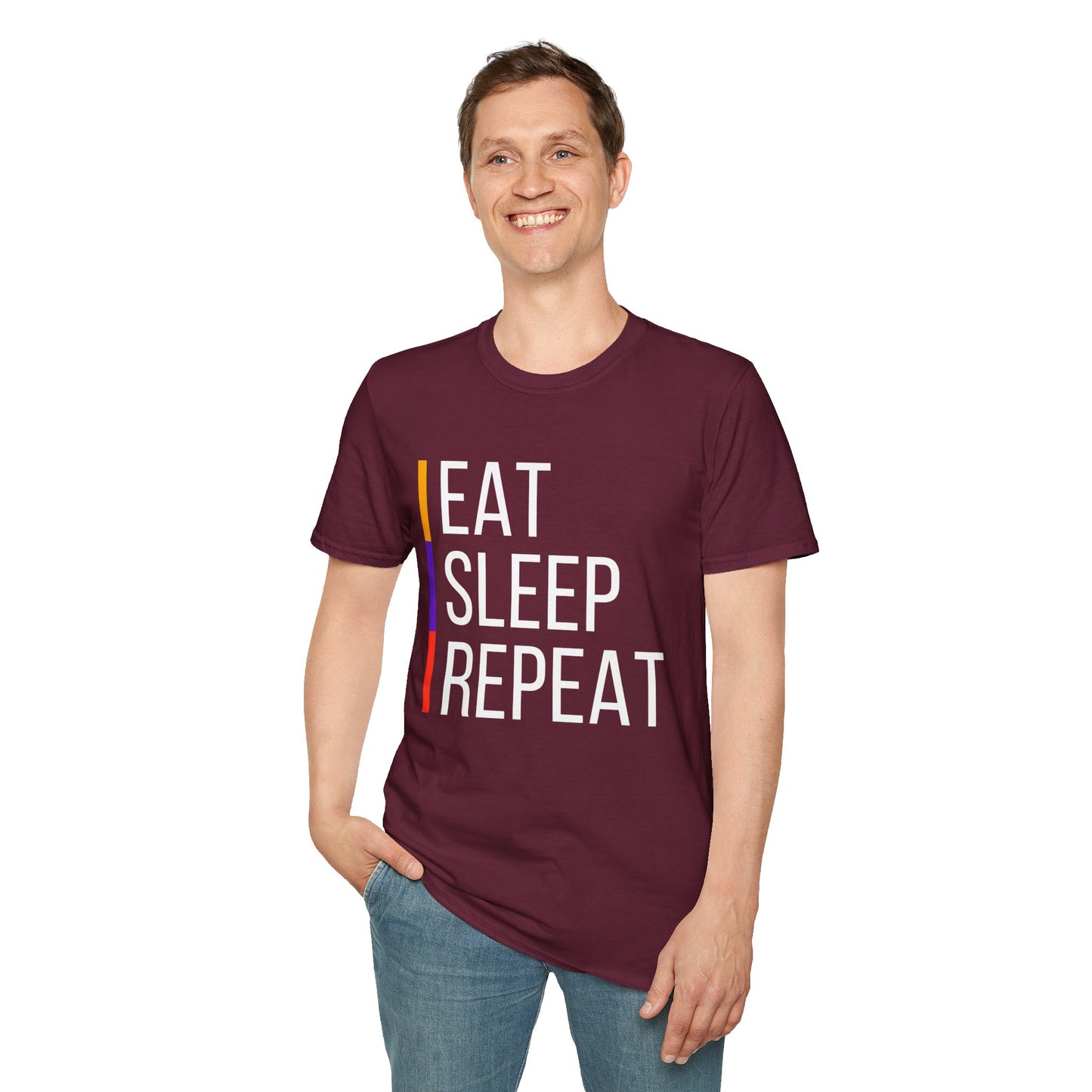 Eat Sleep Repeat Unisex Softstyle T-Shirt - Perfect for Casual Outings, Funny Gift, Relaxation Apparel, Everyday Wear, Motivational Tee