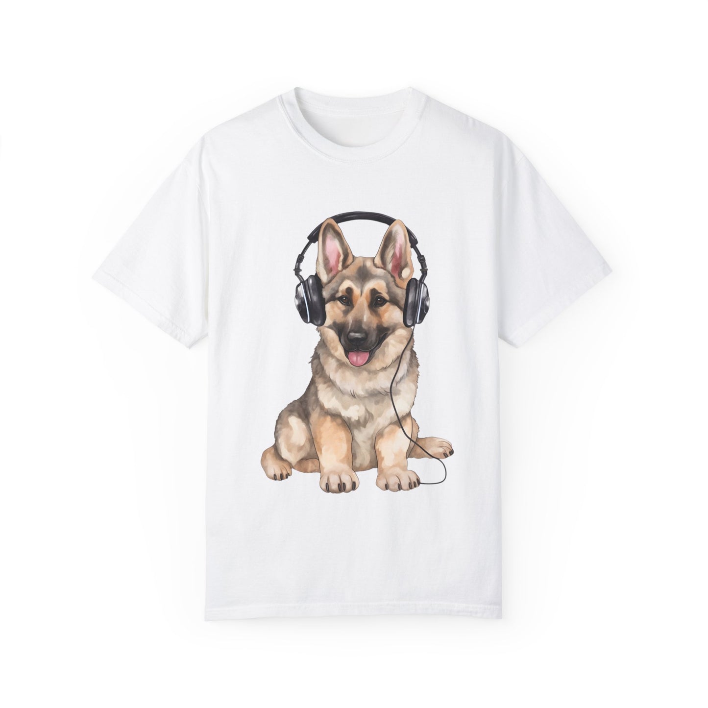 Unisex Dog Lover T-Shirt With a Graphic of German Shepherd Wearing Headphones Enjoying Music