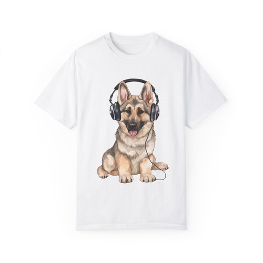 Unisex Dog Lover T-Shirt With a Graphic of German Shepherd Wearing Headphones Enjoying Music
