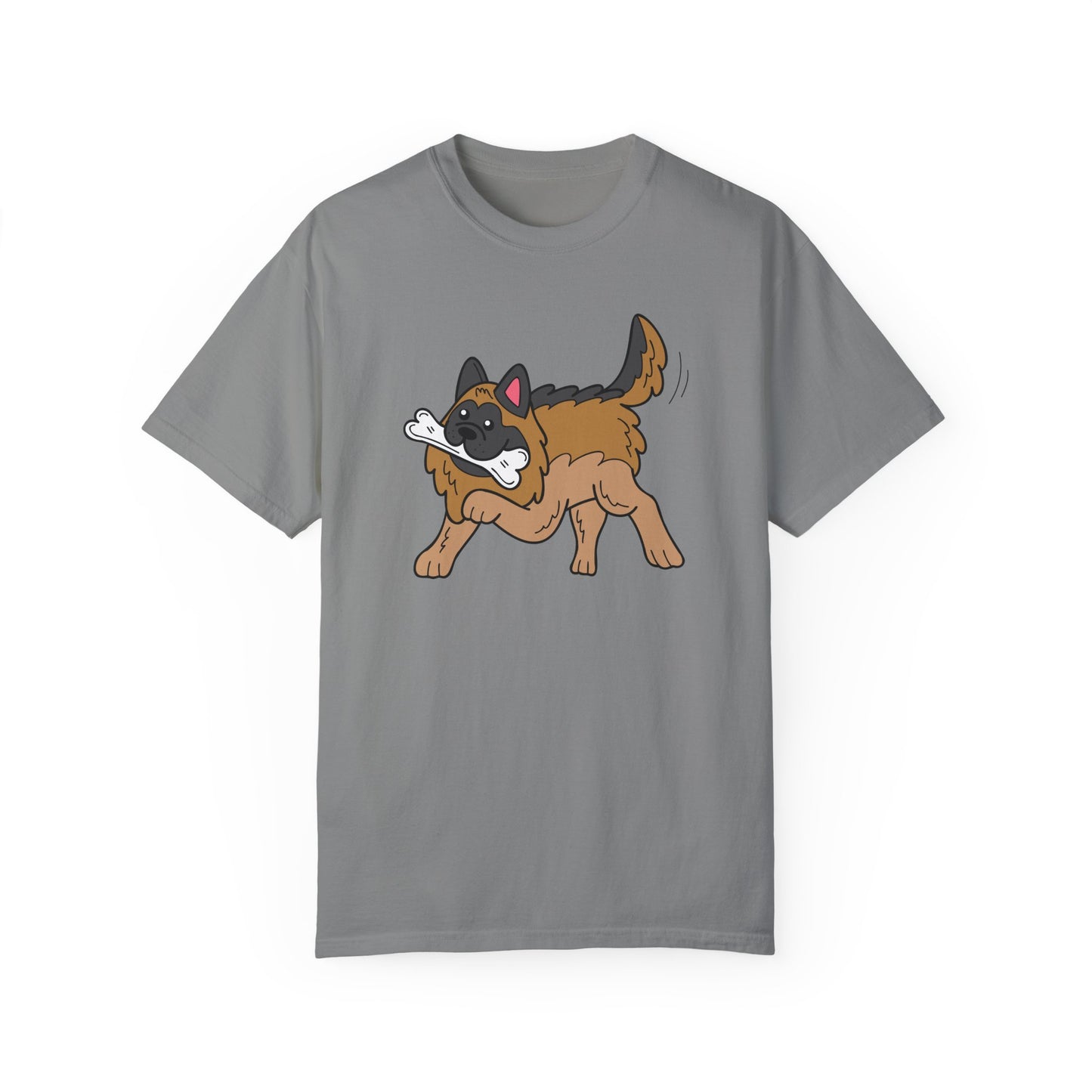 Unisex Dog Lover T-Shirt With a Graphic of a German Shepherd Holding a White Bone in Mouth