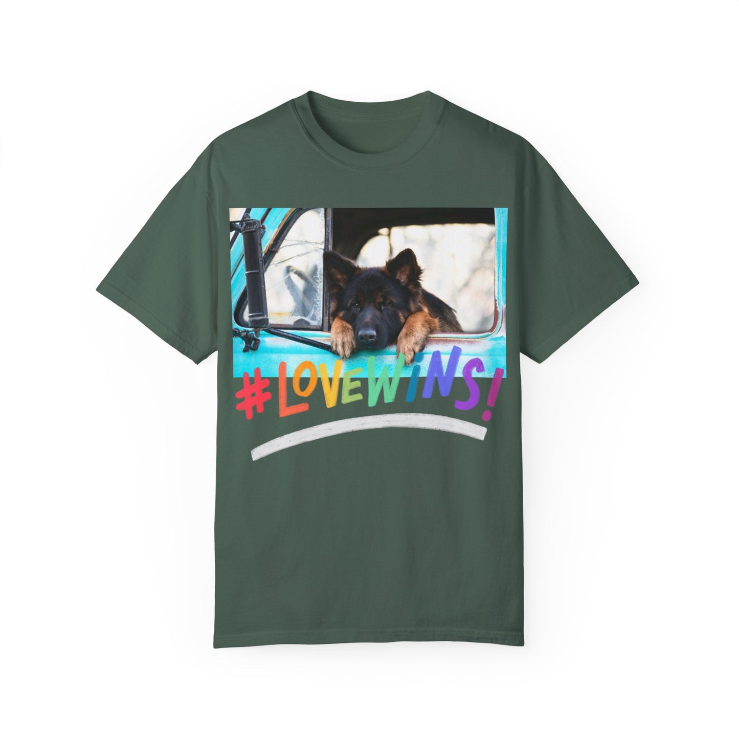 Unisex T-Shirt With German Shepherd Puppy Putting His Head and Front Legs On The Truck Seat's Window and Caption Love Wins
