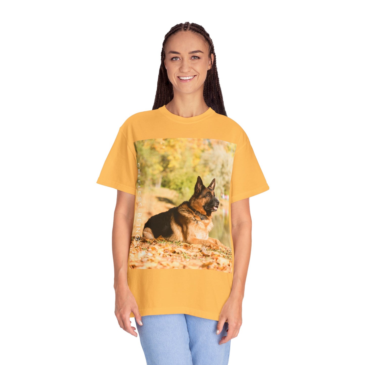 Unisex Dog Lover T-Shirt With a German Shepherd Resting in the Autumn Park on Leaves Near a Pond and Caption Selfless Beings