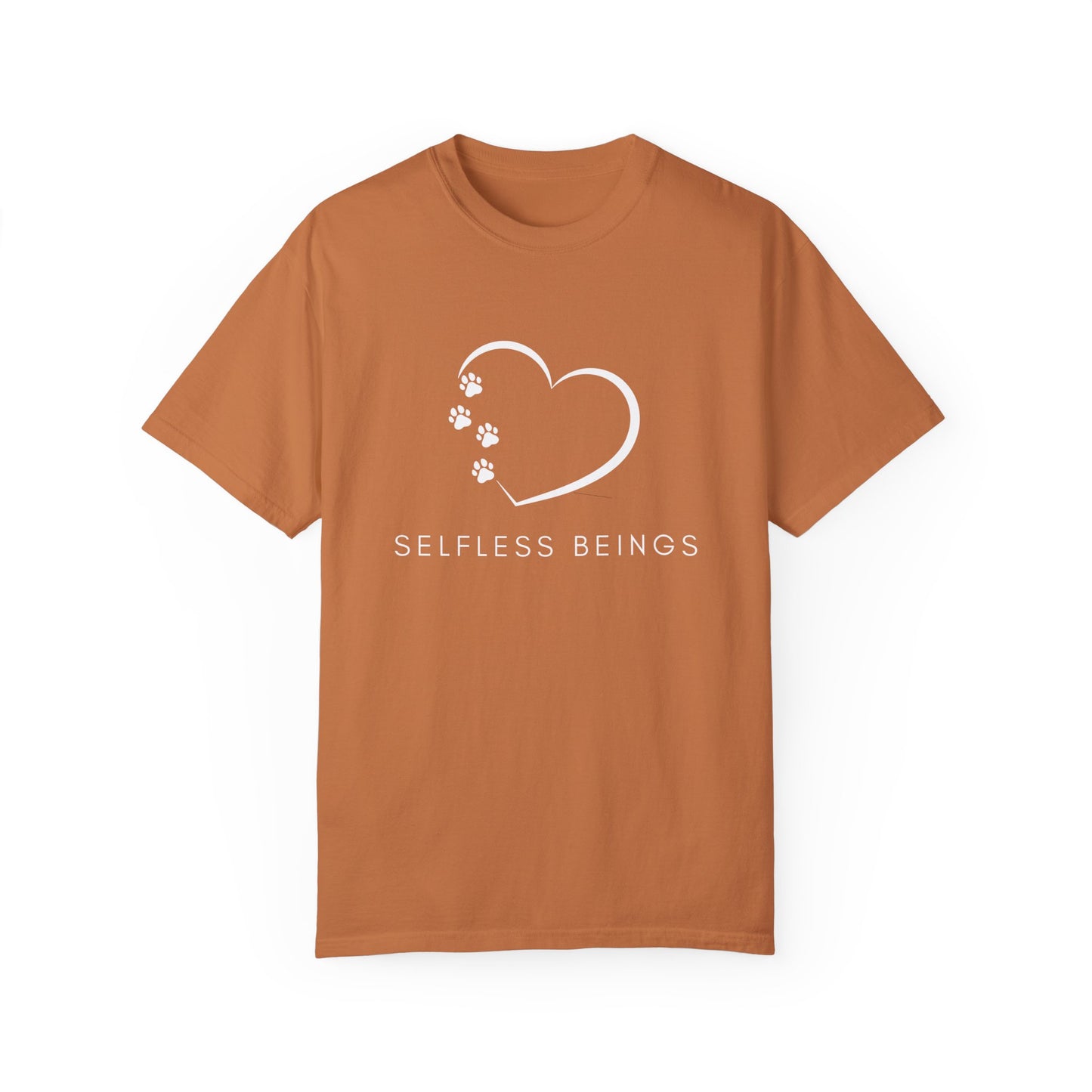 Unisex Dog Lover T-Shirt With White Tilted Heart Whose One Side is Made With Dog Paw Prints and Caption Selfless Beings