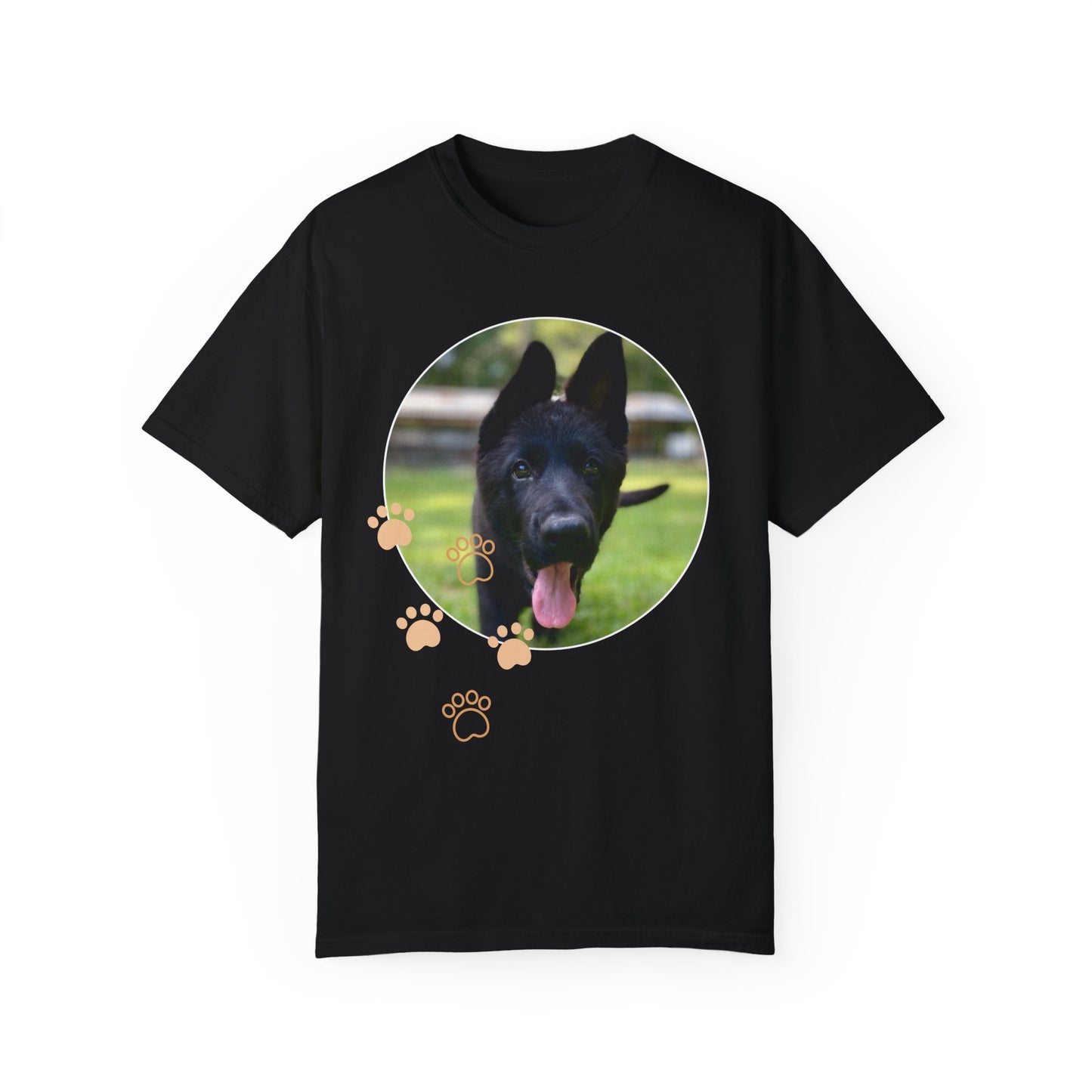 Unisex Dog Lover T-Shirt With Black German Shepherd Puppy Walking on Grass Leaving Tongue Out and Paw Icons