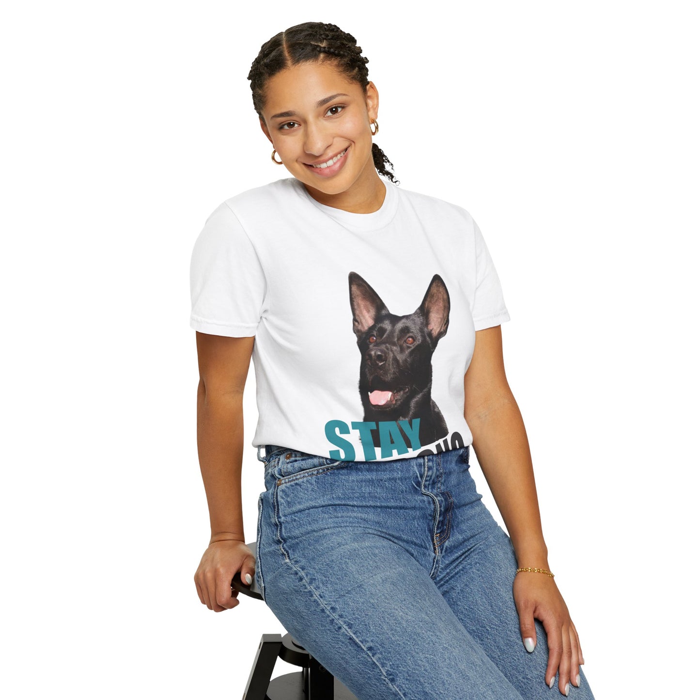 Unisex Dog Lover T-Shirt With Solid Black Working Line German Shepherd Mouth Opened and Caption Stay Strong