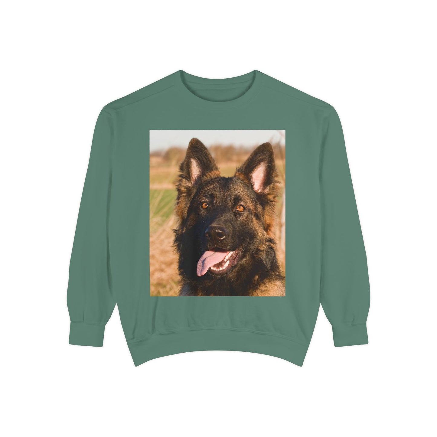 Unisex Dog Lover Sweatshirt With Close Up of Long Coat German Shepherd Sticking Tongue Out