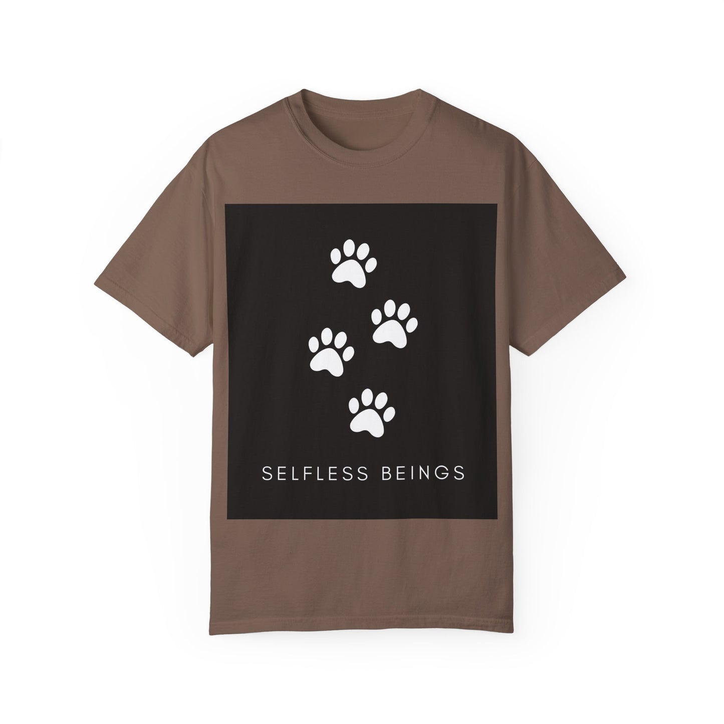 Unisex Dog Lover T-Shirt With 4 White Paw Prints and Caption Selfless Beings