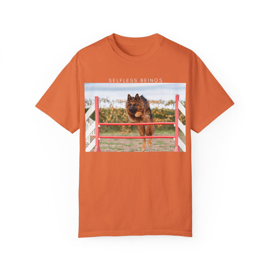 Unisex Dog Lover T-Shirt With a German Shepherd Jumping an Agility Fence Outdoor and Caption Selfless Beings