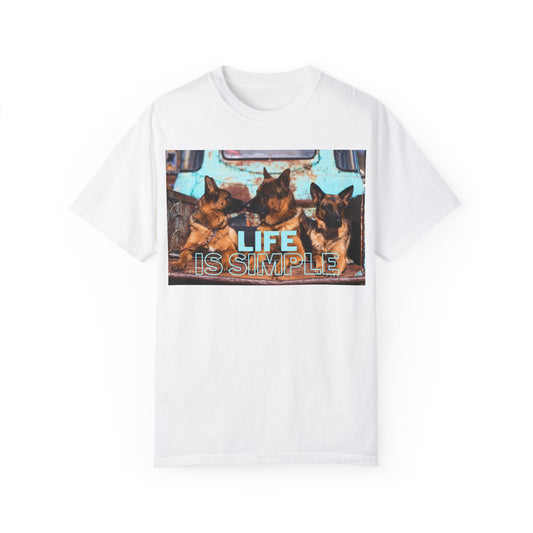 Unisex Dog Lover T-Shirt With Three German Shepherds Sitting on the Truck's Cargo Bed and Caption Life is Simple