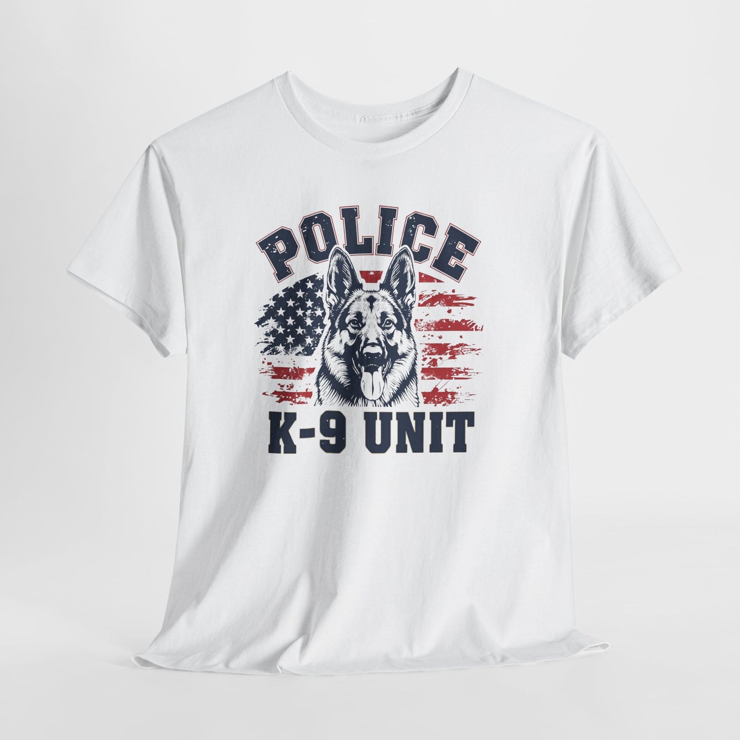 Patriotic Police K-9 Unit T-Shirt With American Flag in Background, Unisex Heavy Cotton Tee