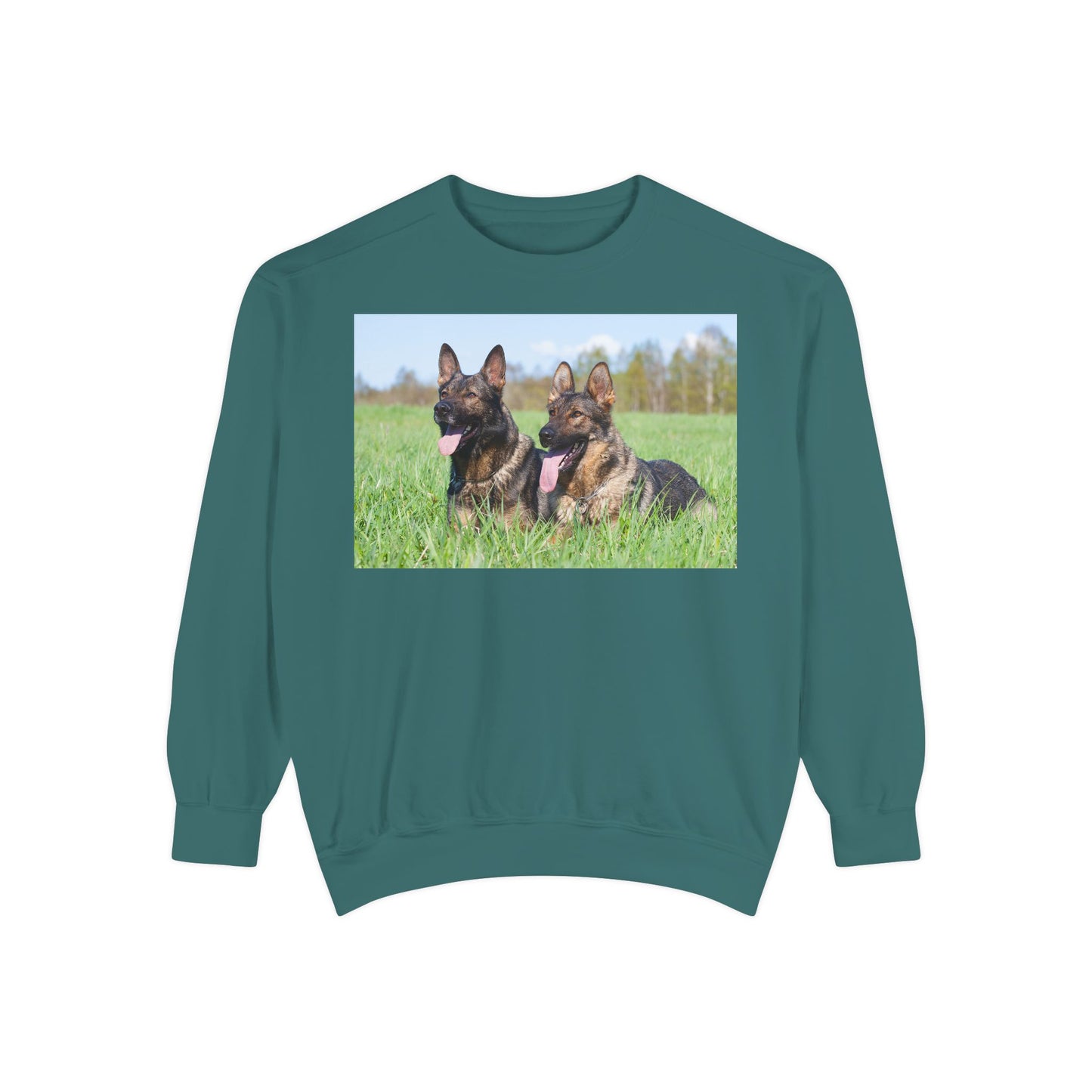 Unisex Dog Lover Sweatshirt With Two Giant German Shepherds Lying on the Grass With Tongues Out