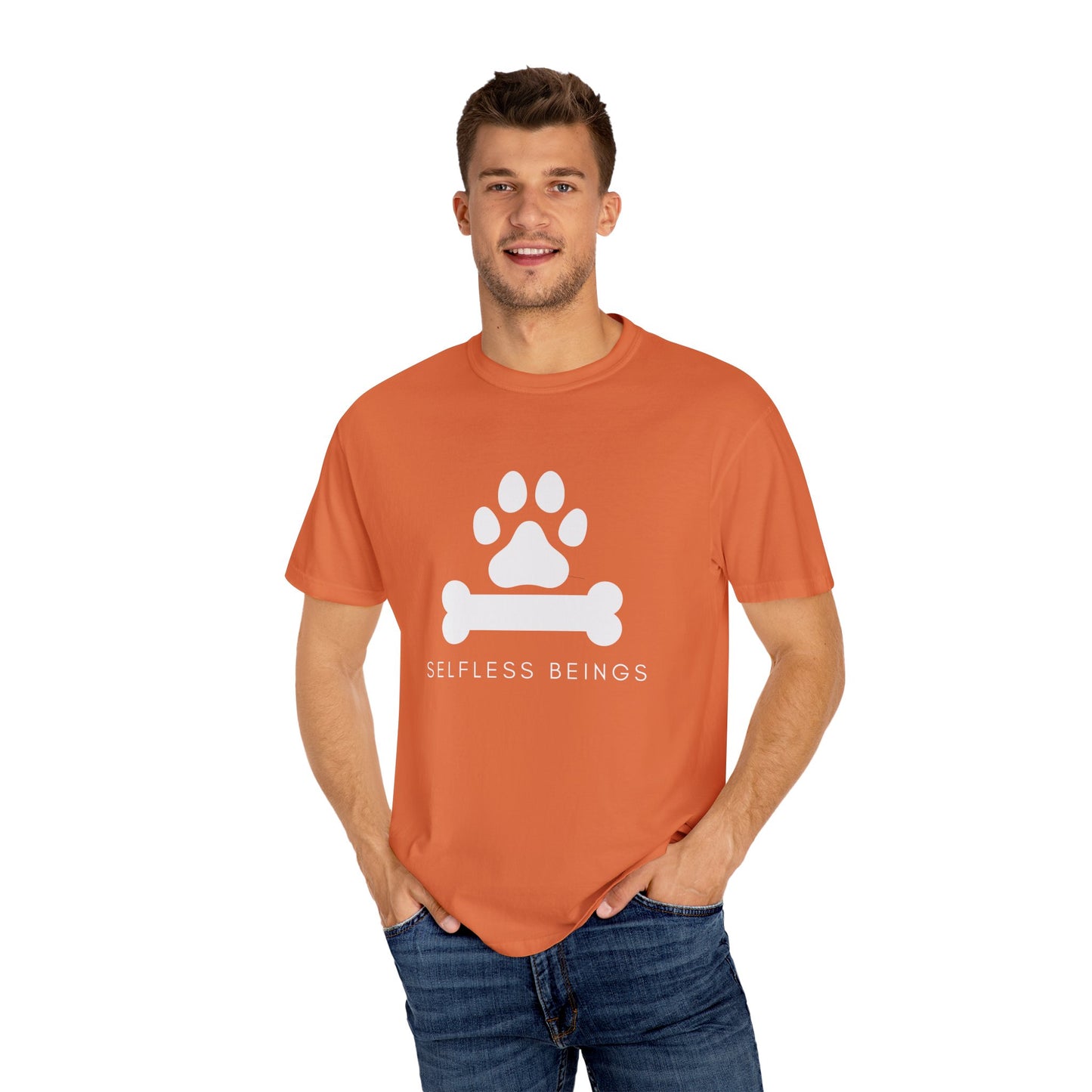 Unisex Dog Lover T-Shirt With Graphic of Dog Bone and Paw and Caption Selfless Beings
