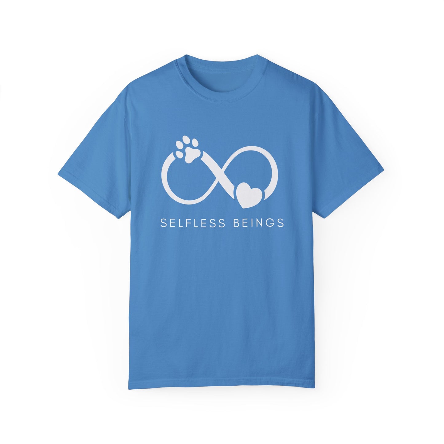 Unisex Dog Lover T-Shirt With Paw Print and Heart on Infinity Symbol and Caption Selfless Beings Below