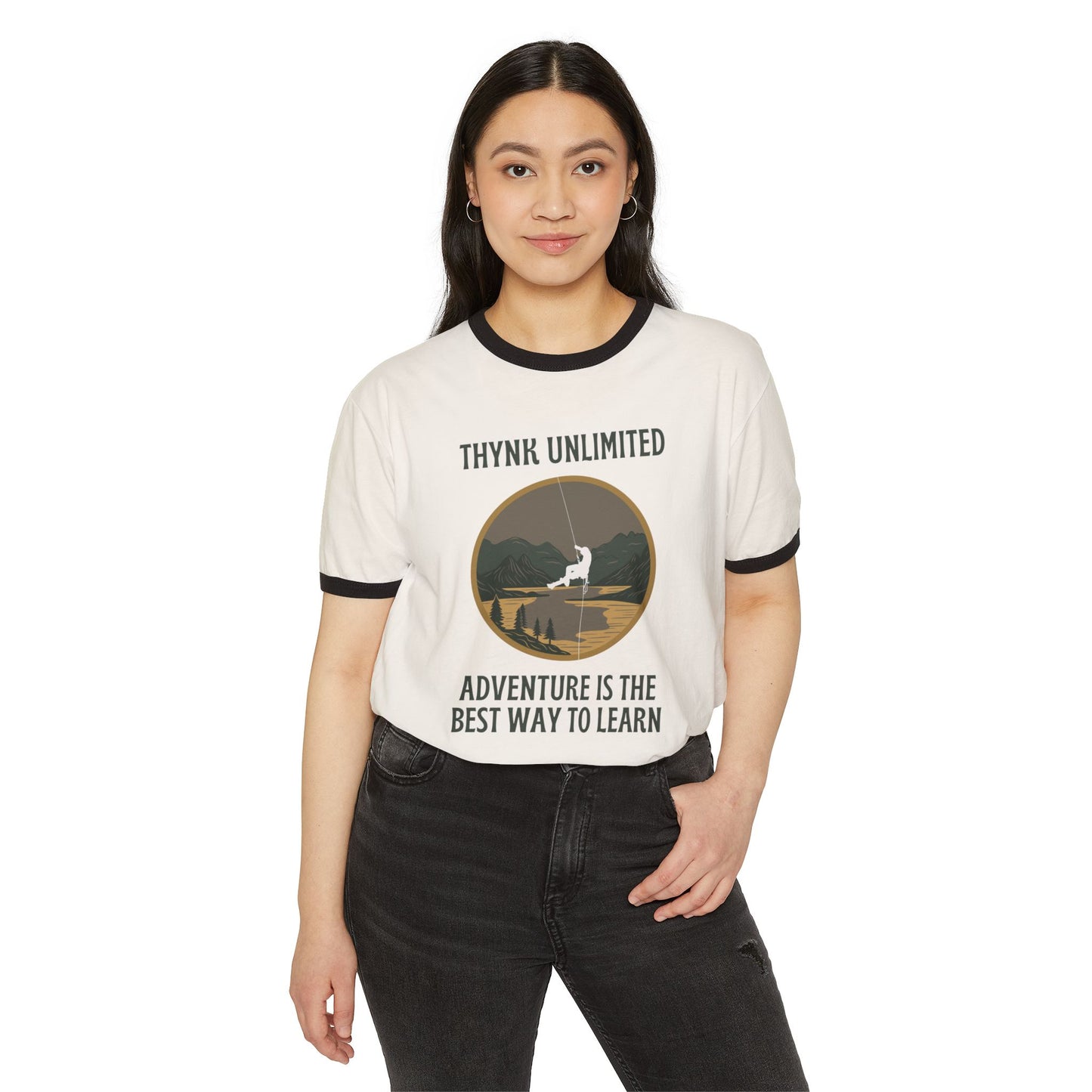 Unisex Adventure Ringer T-Shirt - Think Unlimited Casual Wear, Gift for Travelers, Nature Lovers, Unique Graphic Tee