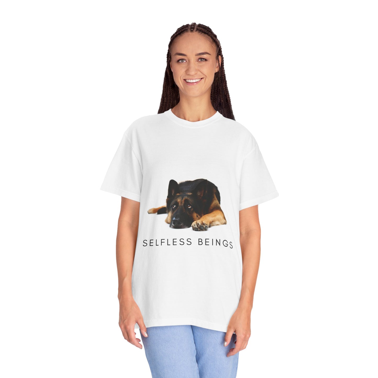 Unisex Dog Lover T-Shirt With a Bored German Shepherd Sitting in the Studio and Caption Selfless Beings