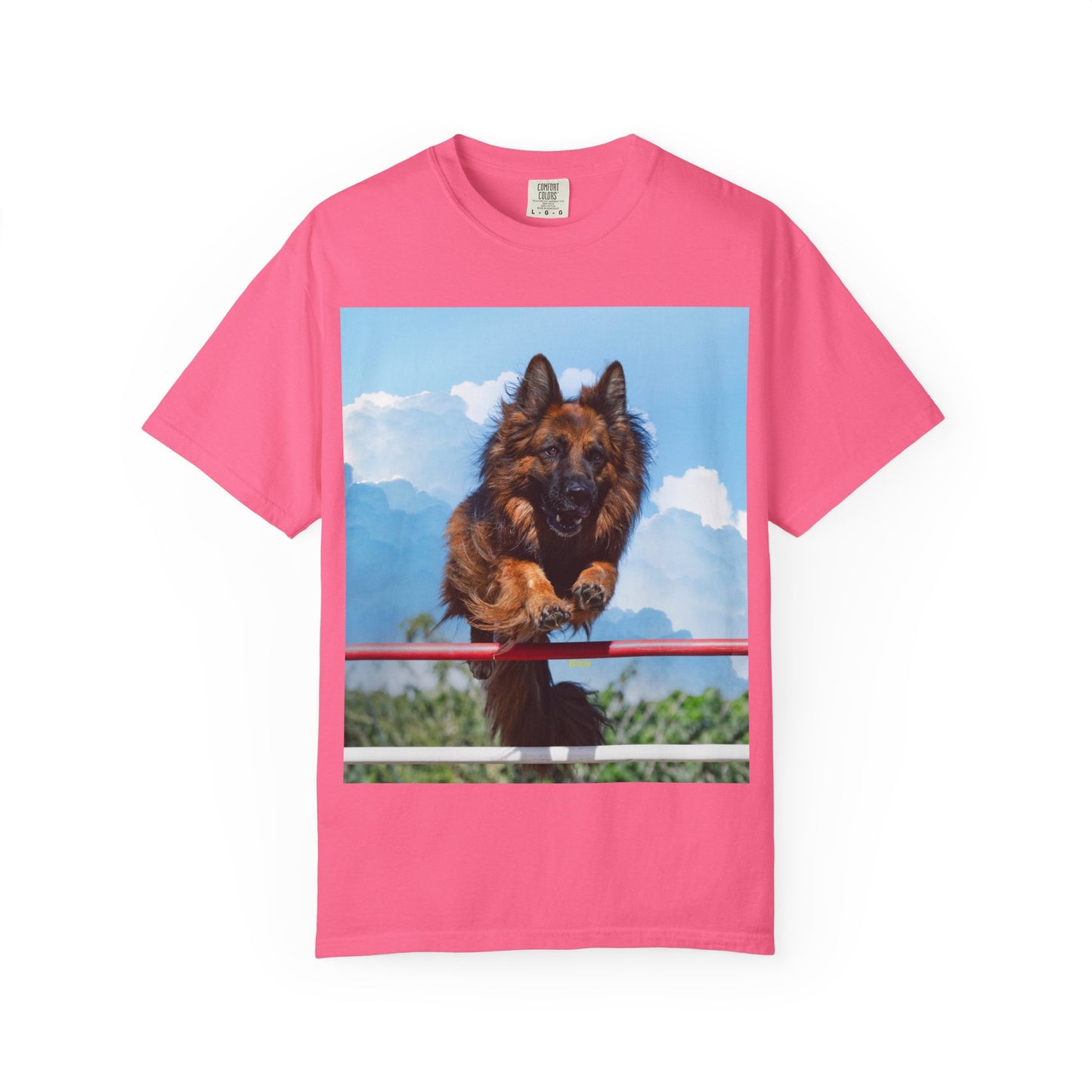 Unisex Dog Lovers T-Shirt Featuring a German Shepherd Jumping An Agility Fence