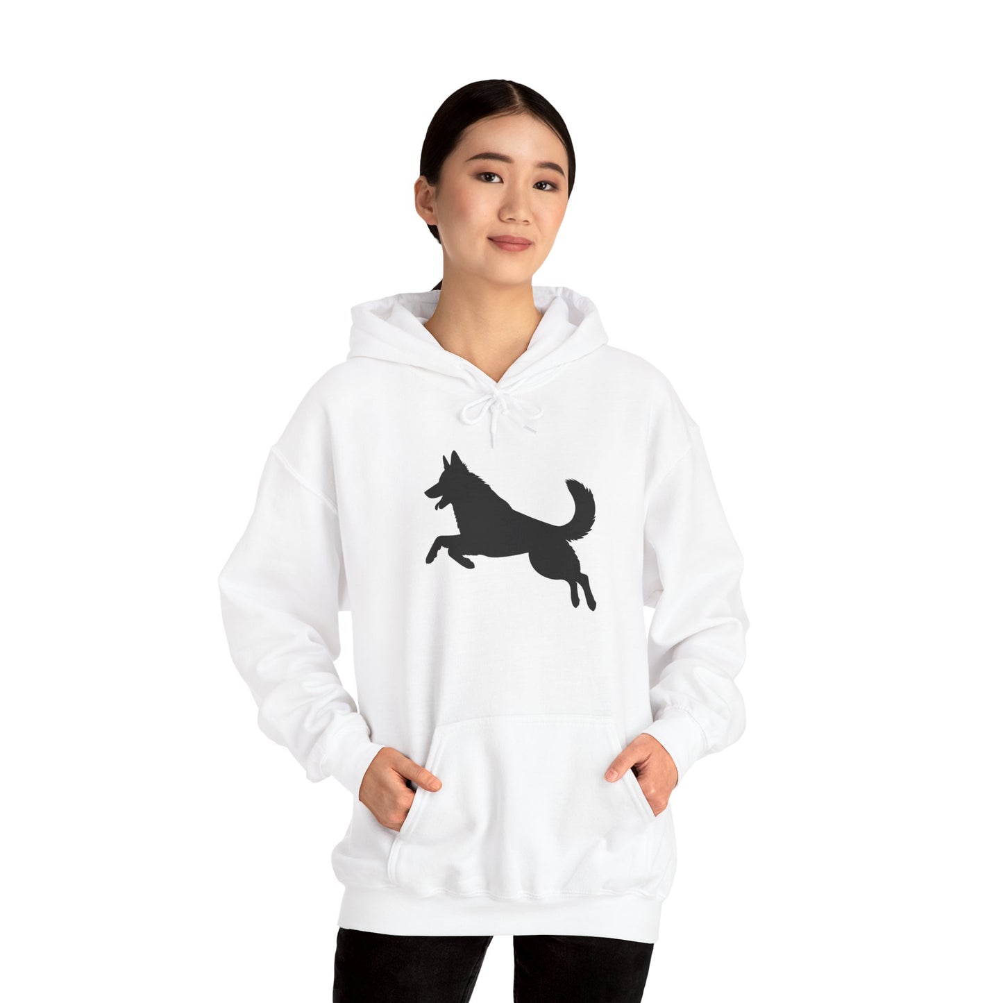 Unisex Dog Lover Hoodie With a Graphic of Solid Black German Shepherd Jumping in the Air