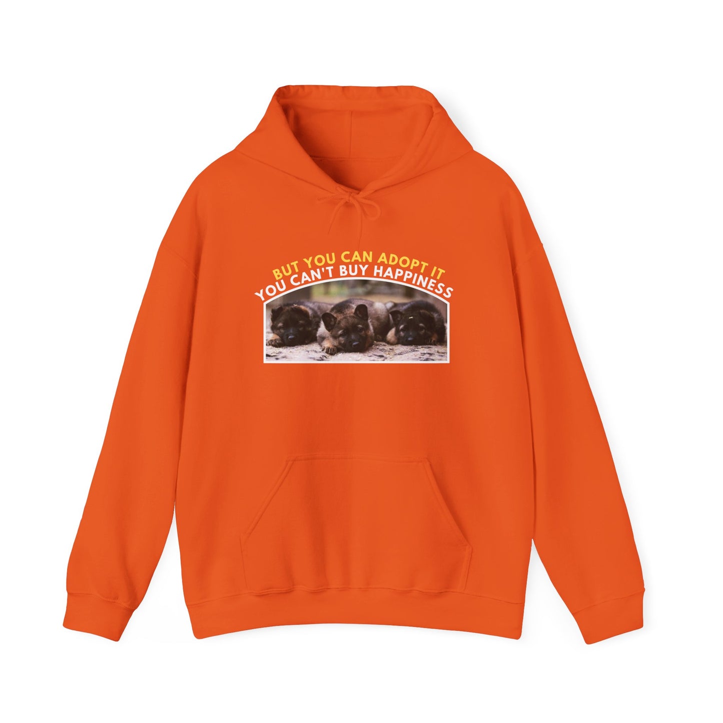 Unisex Dog Lover Hoodie With Three Cute German Shepherd Puppies Sitting in a Row and Caption You Can't Buy Happiness But You Can Adopt It