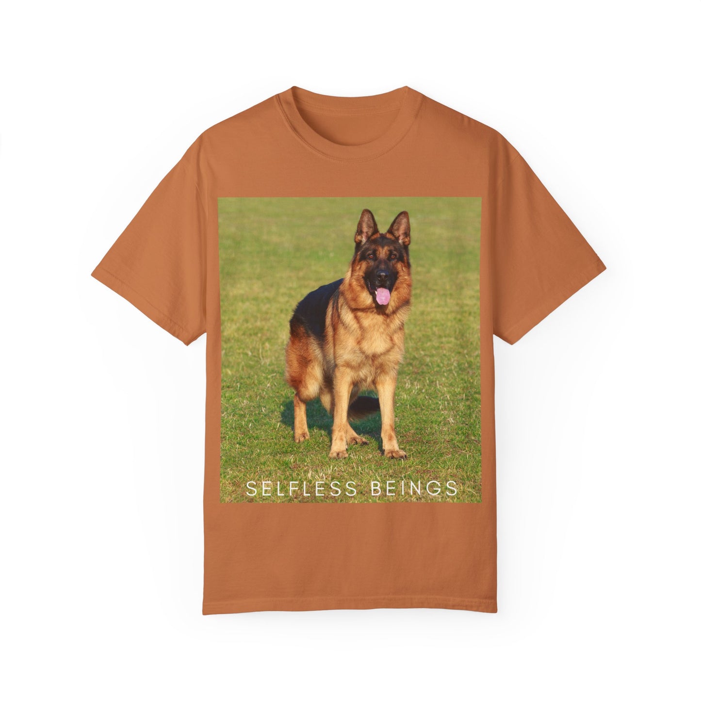 Unisex Dog Lover T-shirt With a German Shepherd on the Sports Grass Field and Caption Selfless Beings