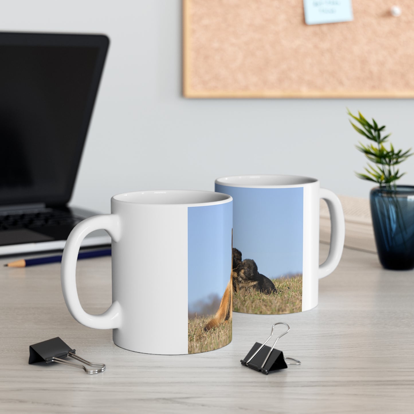 White Ceramic Dog Lover Mug With a German Shepherd and Two Puppies