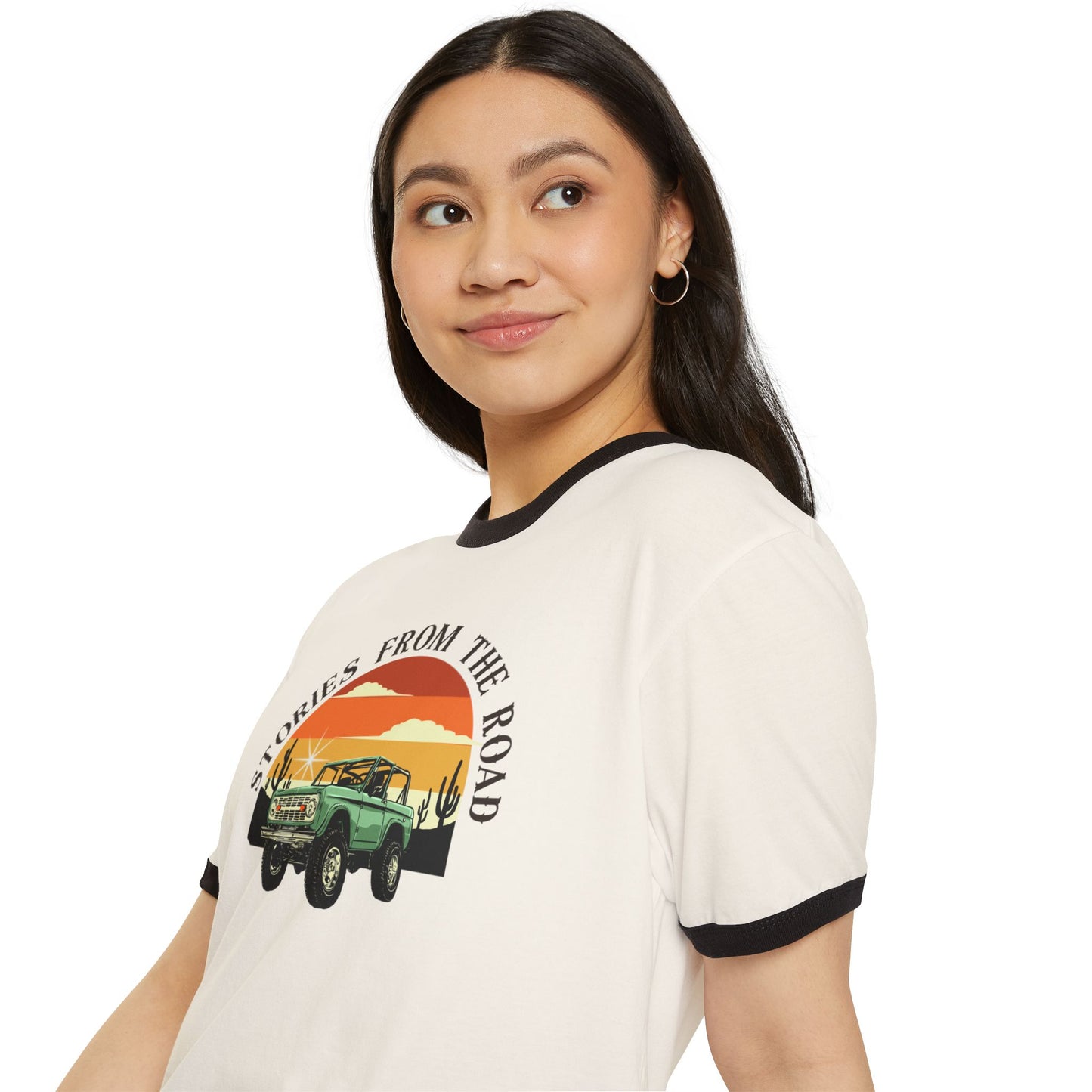Vintage Stories from the Road Unisex Cotton Ringer T-Shirt, Retro Adventure Tee, Travel Lovers Gift, Road Trip Apparel, Casual
