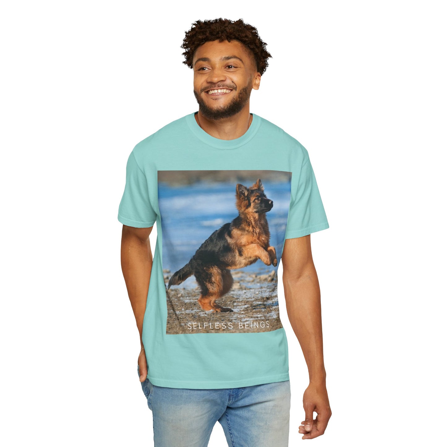 Unisex Dog Lover T-Shirt With Gorgeous German Shepherd Puppy Standing on Back Legs at Seashore and Caption Selfless Beings