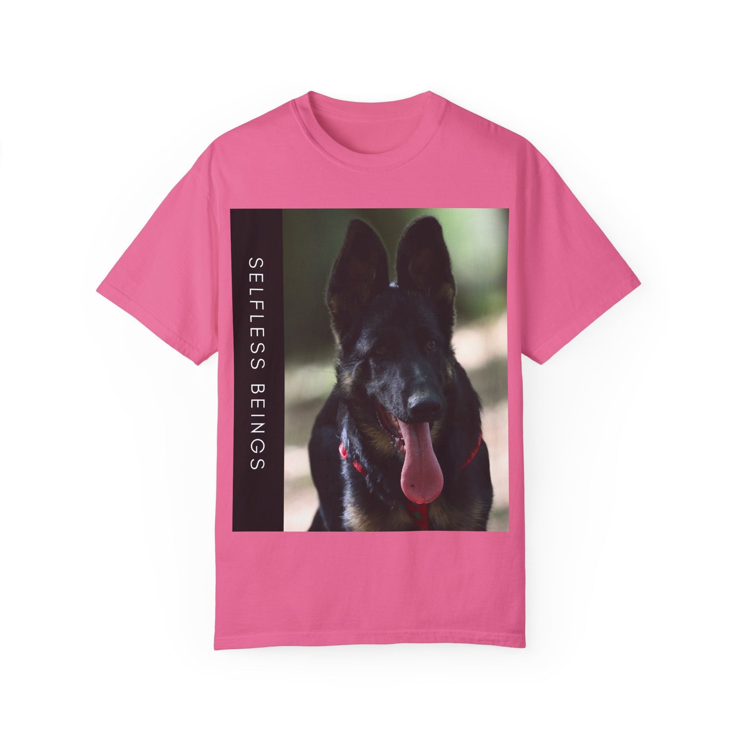 Unisex Dog Lover T-Shirt With Close Up Portrait of Slim German Shepherd Leaving His Tongue Out and Caption Selfless Beings