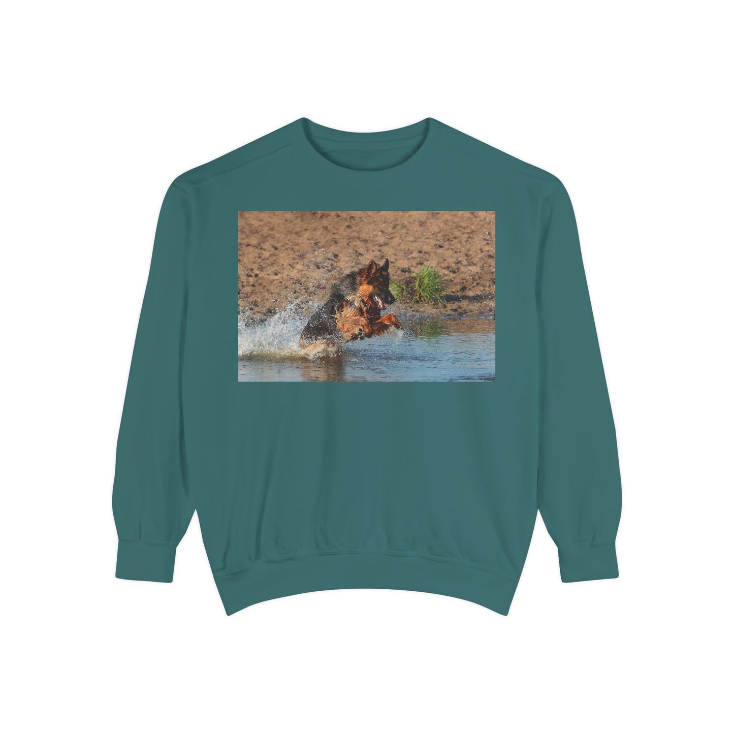 Unisex Dog Lover Sweatshirt With a Long Coat German Shepherd Jumps in the River
