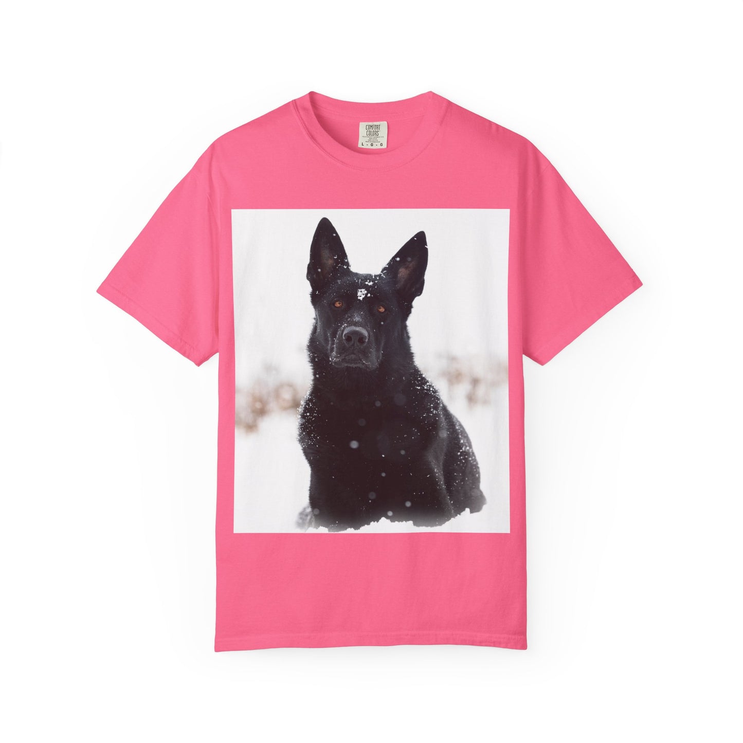 Unisex Dog Lover T-Shirt Featuring a Giant Black Working Line German Shepherd in the Snow