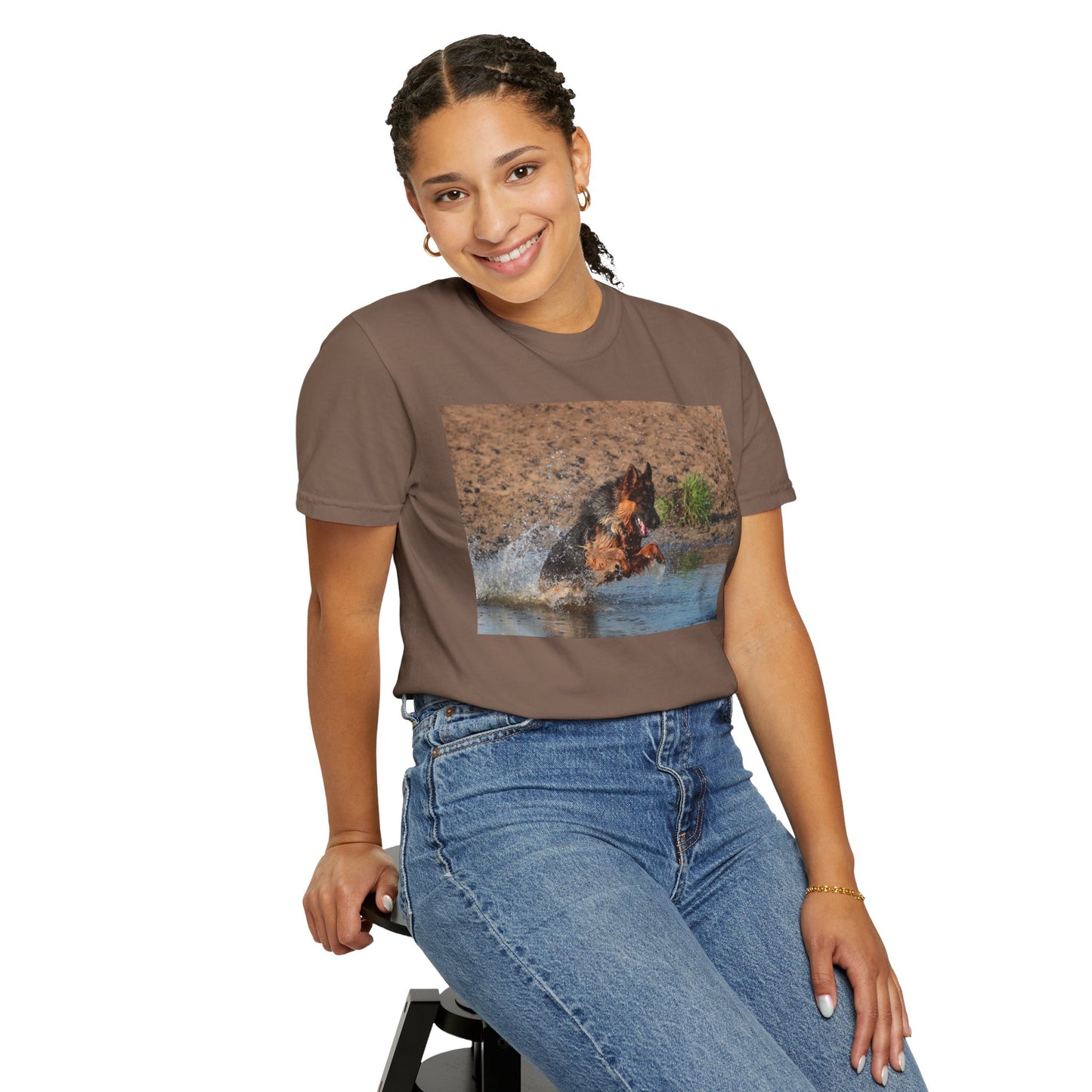 Unisex Dog Lover T-Shirt With Giant German Shepherd Jumps in the River