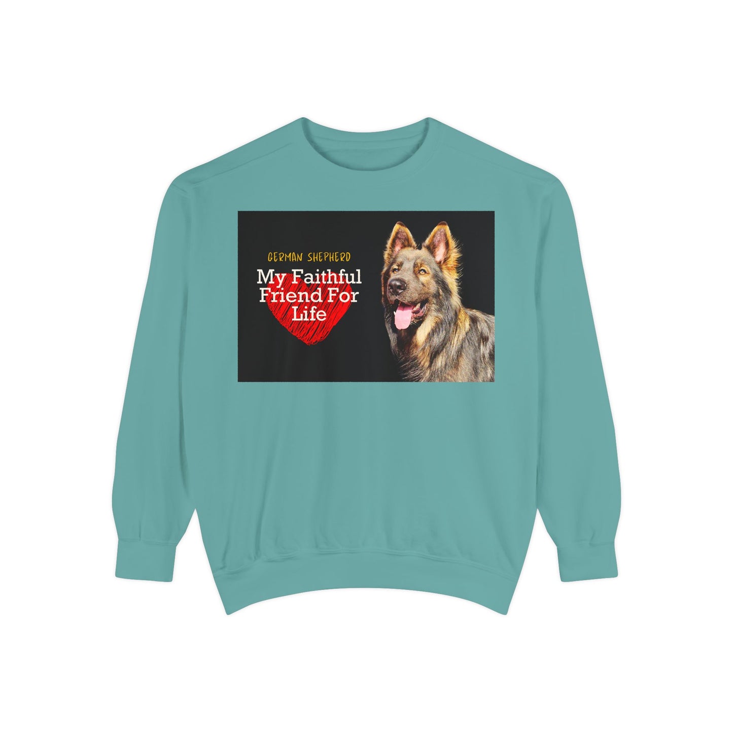 Unisex Dog Lover Sweatshirt With a Giant Old-Fashioned German Shepherd and Caption Faithful Friend on Top of Red Heart
