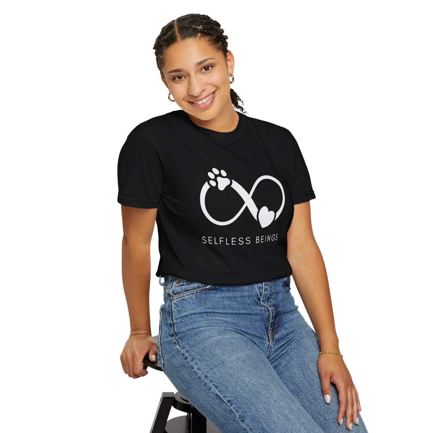 Unisex Dog Lover T-Shirt With Paw Print and Heart on Infinity Symbol and Caption Selfless Beings Below