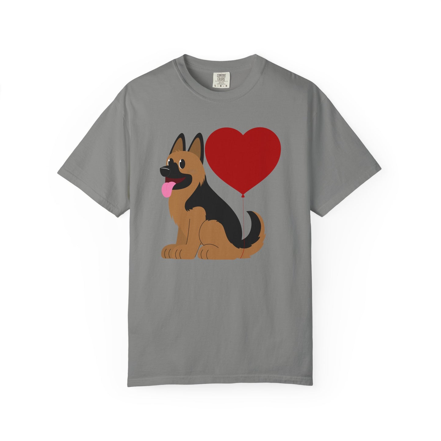 Unisex Dog Lover T-Shirt With a Graphic of German Shepherd Puppy and Heart Shaped Balloon Attached With Tail