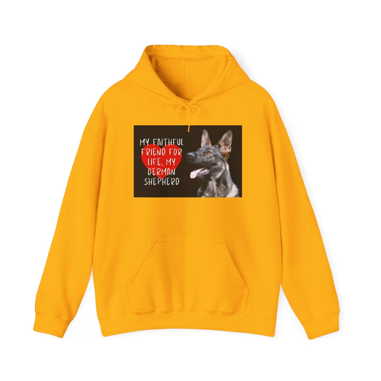 Unisex Dog Lover Hoodie With a Working Line German Shepherd and Caption Faithful Friend on Top of Red Heart