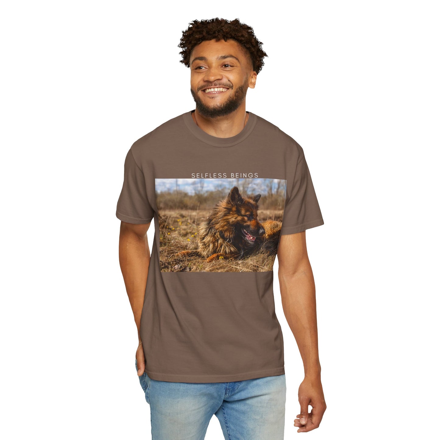 Unisex Dog Lover T-Shirt With a German Shepherd Lying on the Dry Grass in Spring and Caption Selfless Beings