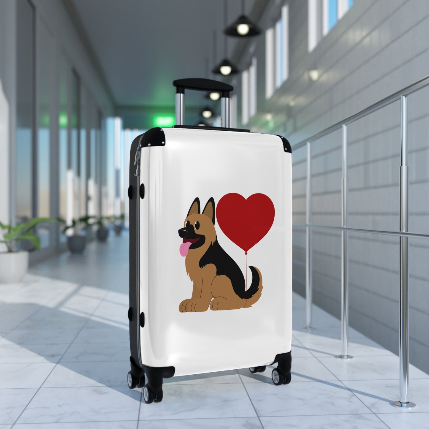 Dog Lover's Suitcase Featuring Graphic of a German Shepherd Puppy and Heart Shaped Balloon Attached to Tail