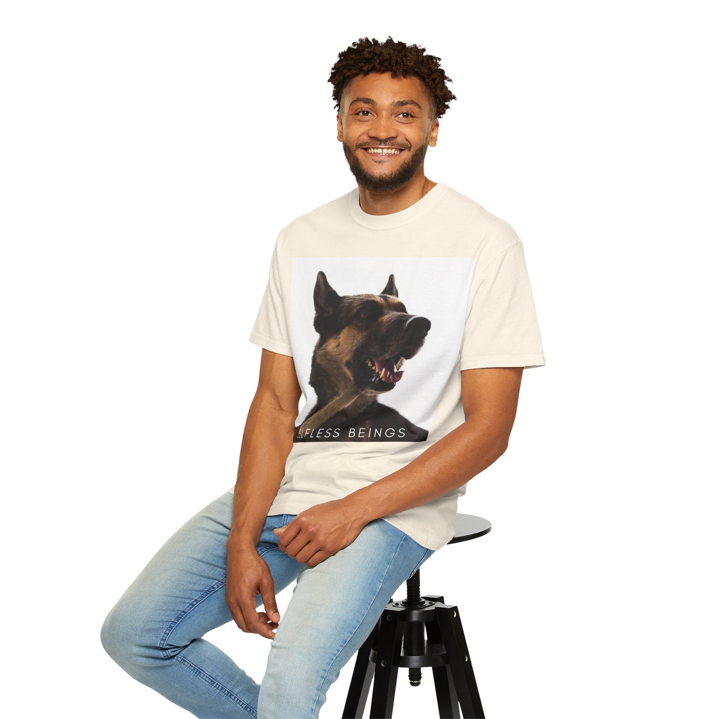 Unisex Dog Lover T-Shirt With Close Up of Large German Shepherd Turning His Face and Caption Selfless Beings