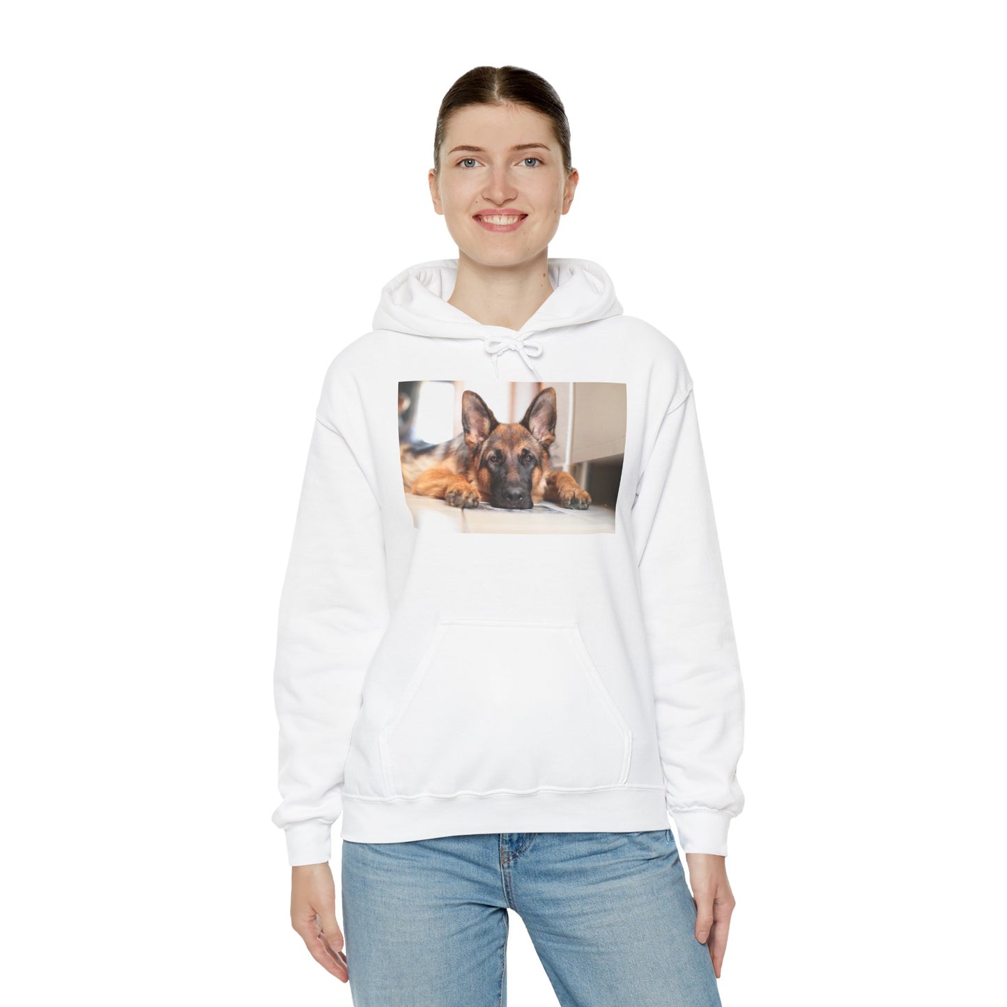 A Unisex Hoodie With a German Shepherd Lying His Head on the Floor