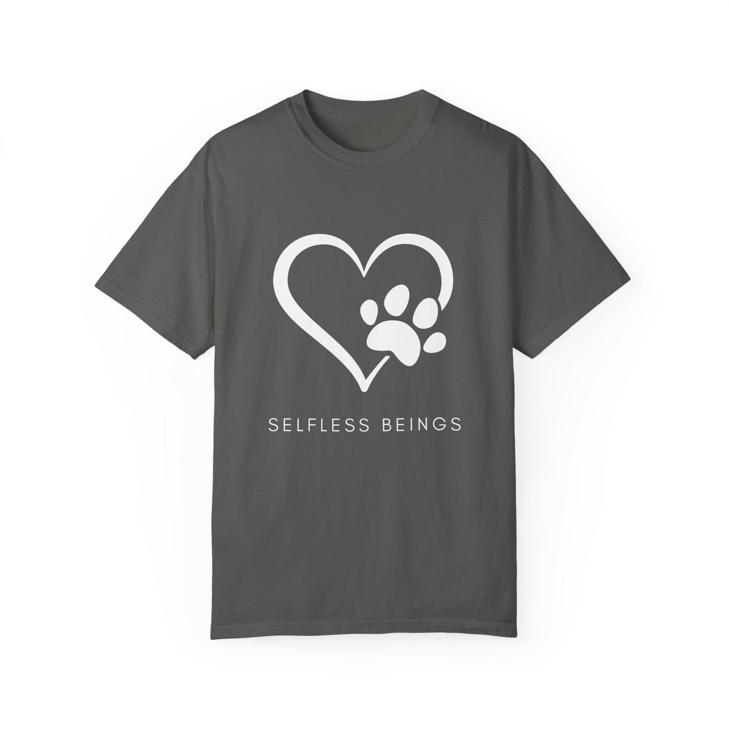 Unisex Dog Lover T-Shirt With Graphic of Heart Whose Right Side Contains Dog Paw's Print and Caption Selfless Beings