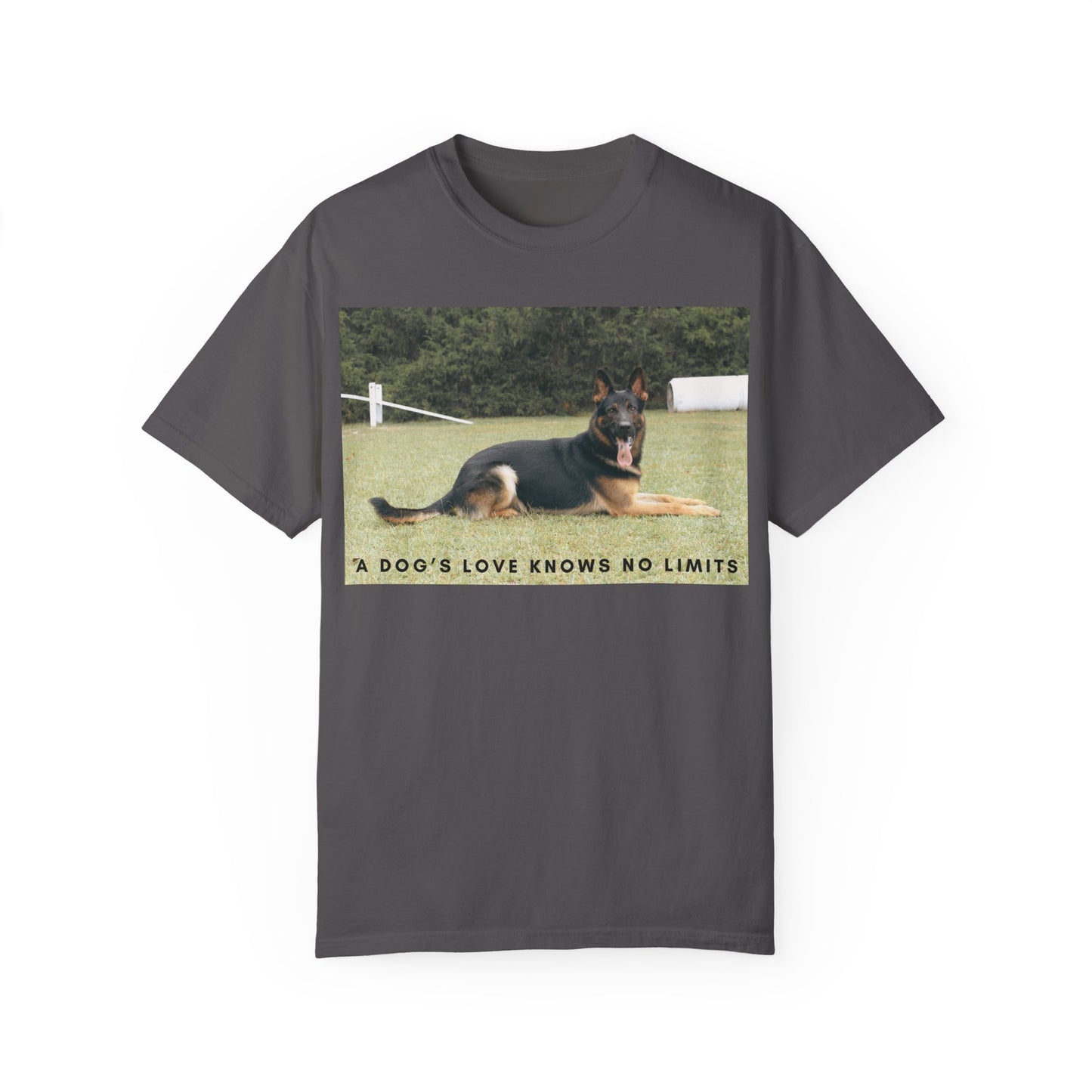 Unisex Dog Lover T-Shirt With a Giant German Shepherd Resting On the Grass Leaving Tongue Out and Text A Dog's Love Knows
