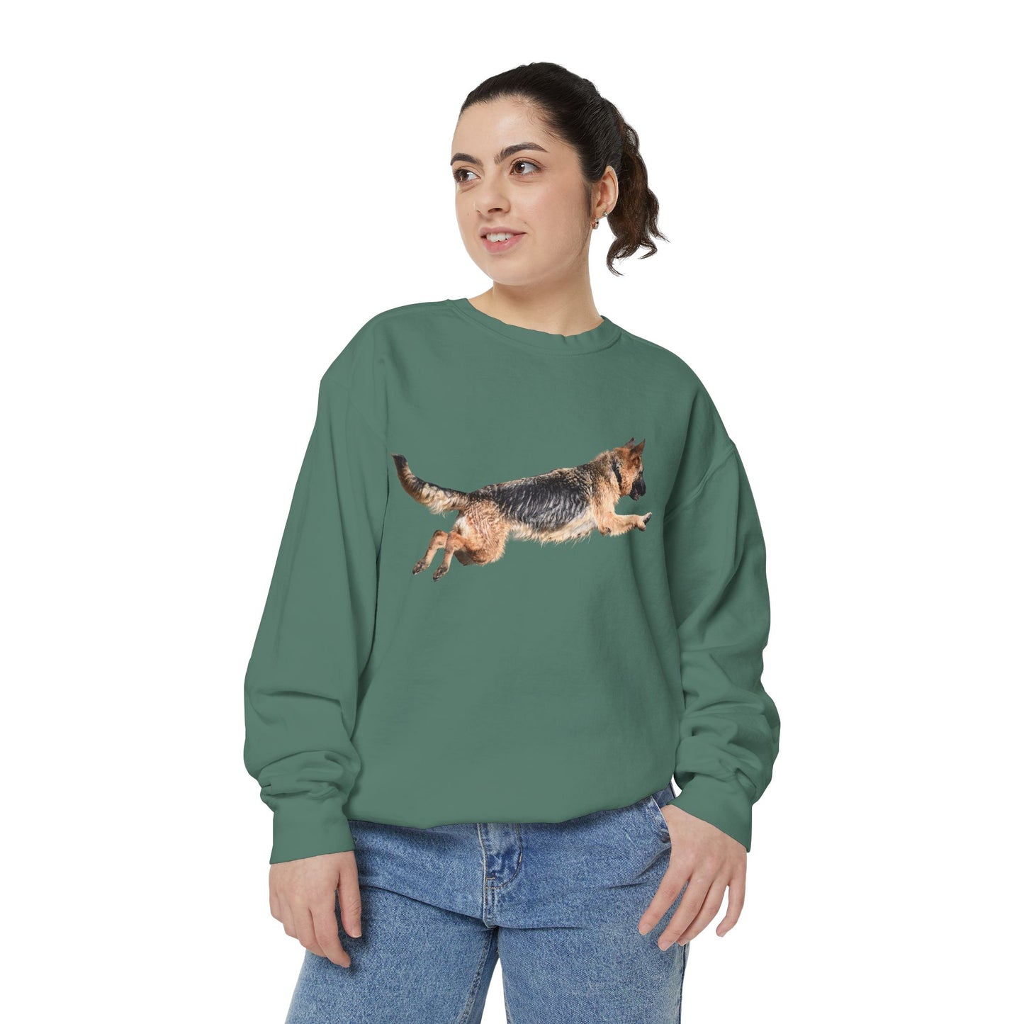 Unisex Dog Lover Sweatshirt With a Wet German Shepherd Jumping in the Air