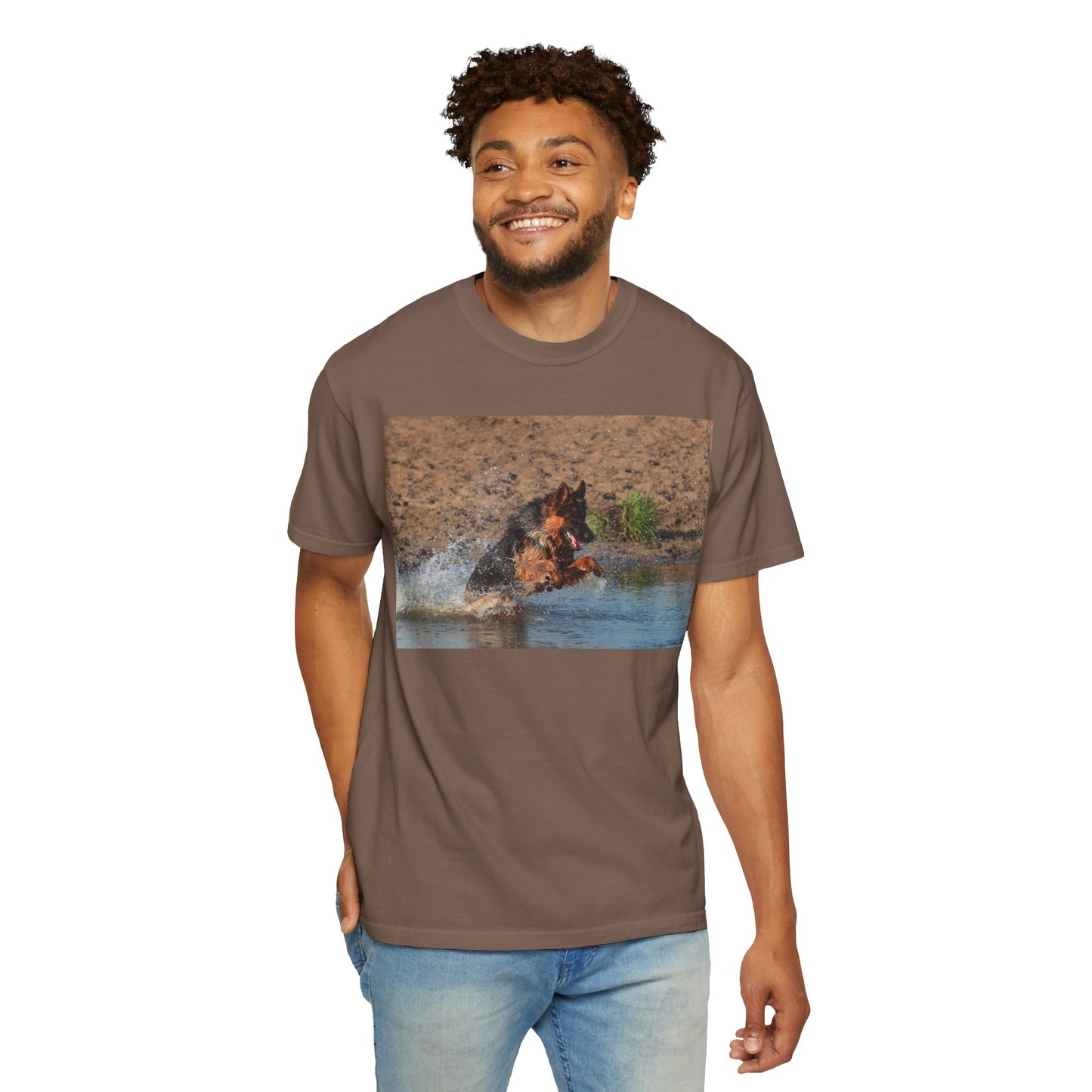 Unisex Dog Lover T-Shirt With Giant German Shepherd Jumps in the River