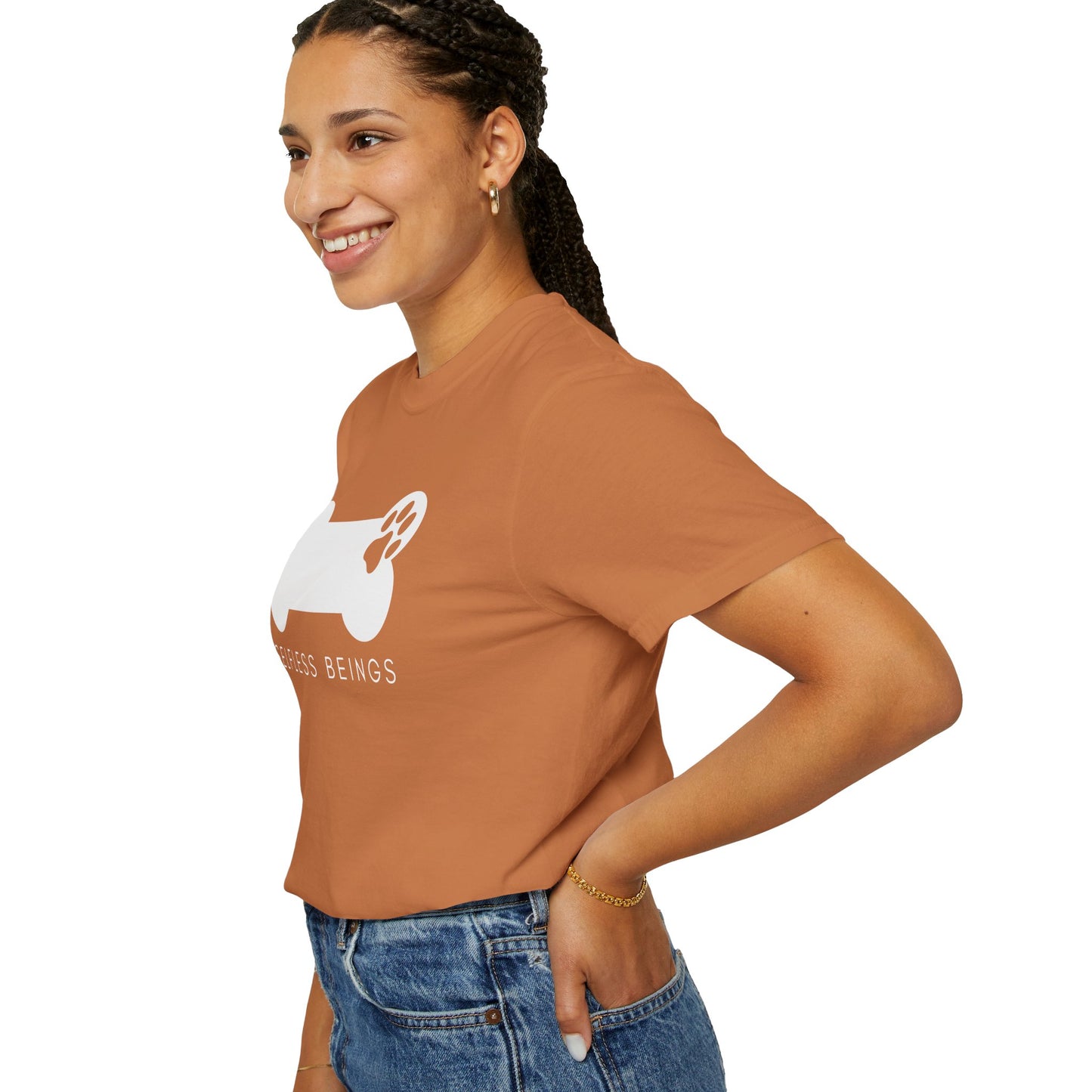 Unisex Dog Lover T-Shirt With Dog's Paw Print Inside a Bone and Caption Selfless Beings
