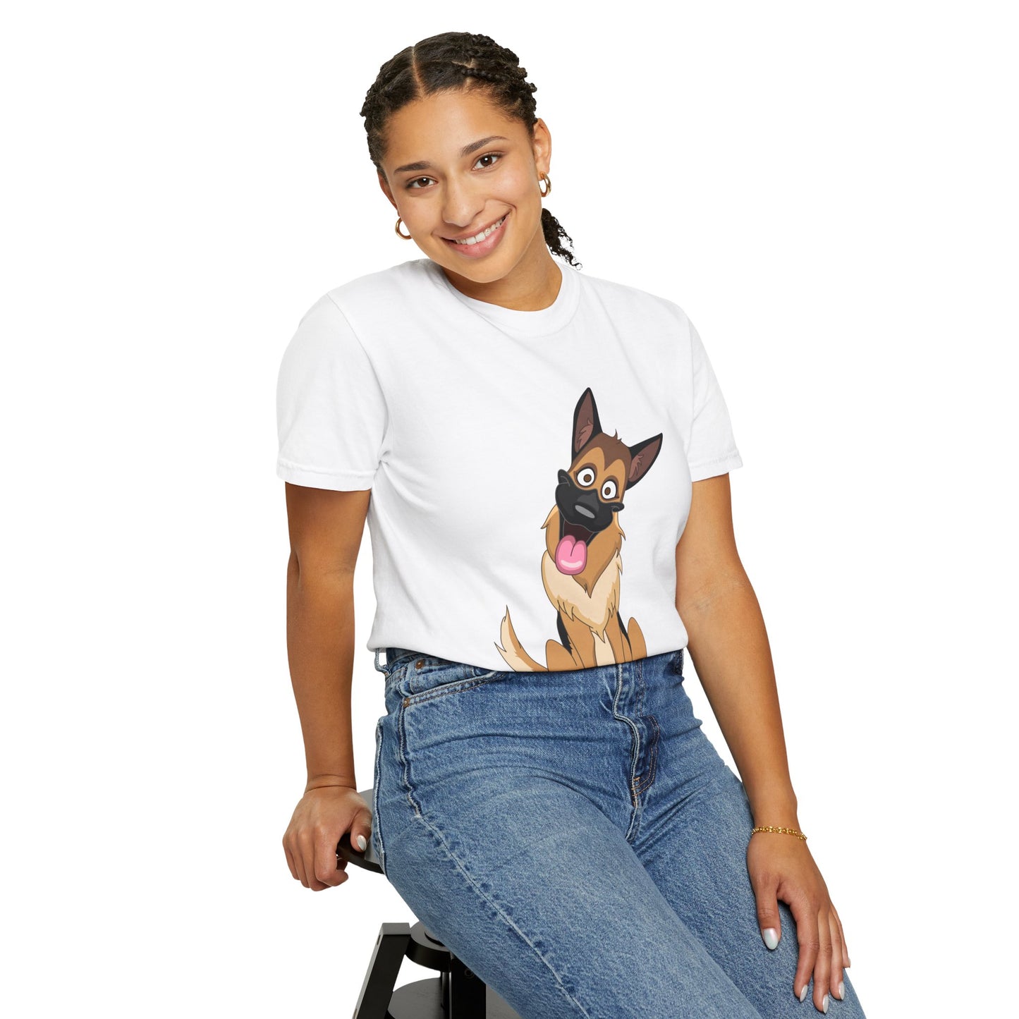 Unisex Dog Lover T-Shirt With Funny Cartoon of Tan Color German Shepherd