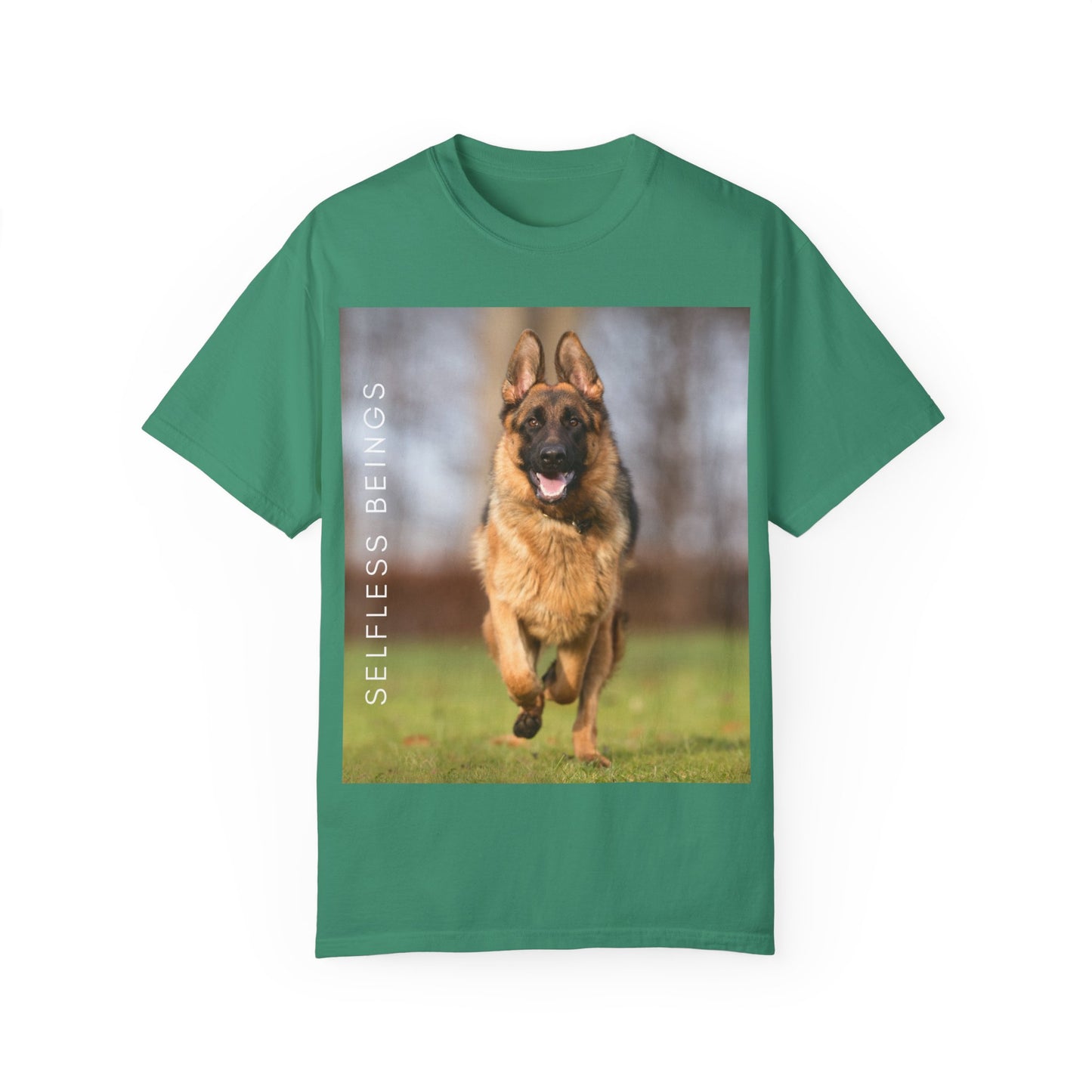 Unisex Dog Lover T-Shirt With Large German Shepherd Running on the Grass and Caption Selfless Beings